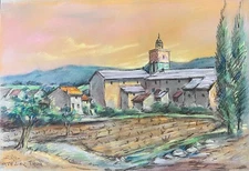 Provence Church Of Village Pastel Signed Workshop Thur Towards 1980 France