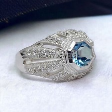 Aquamarine Hexagon Cut Gemstone With 925 Sterling Silver Ring For Men's 154