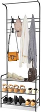 New Coat and Hat Stand 8 Hooks Metal Shoe Rack 3 Tiers Shelf Hanger Black