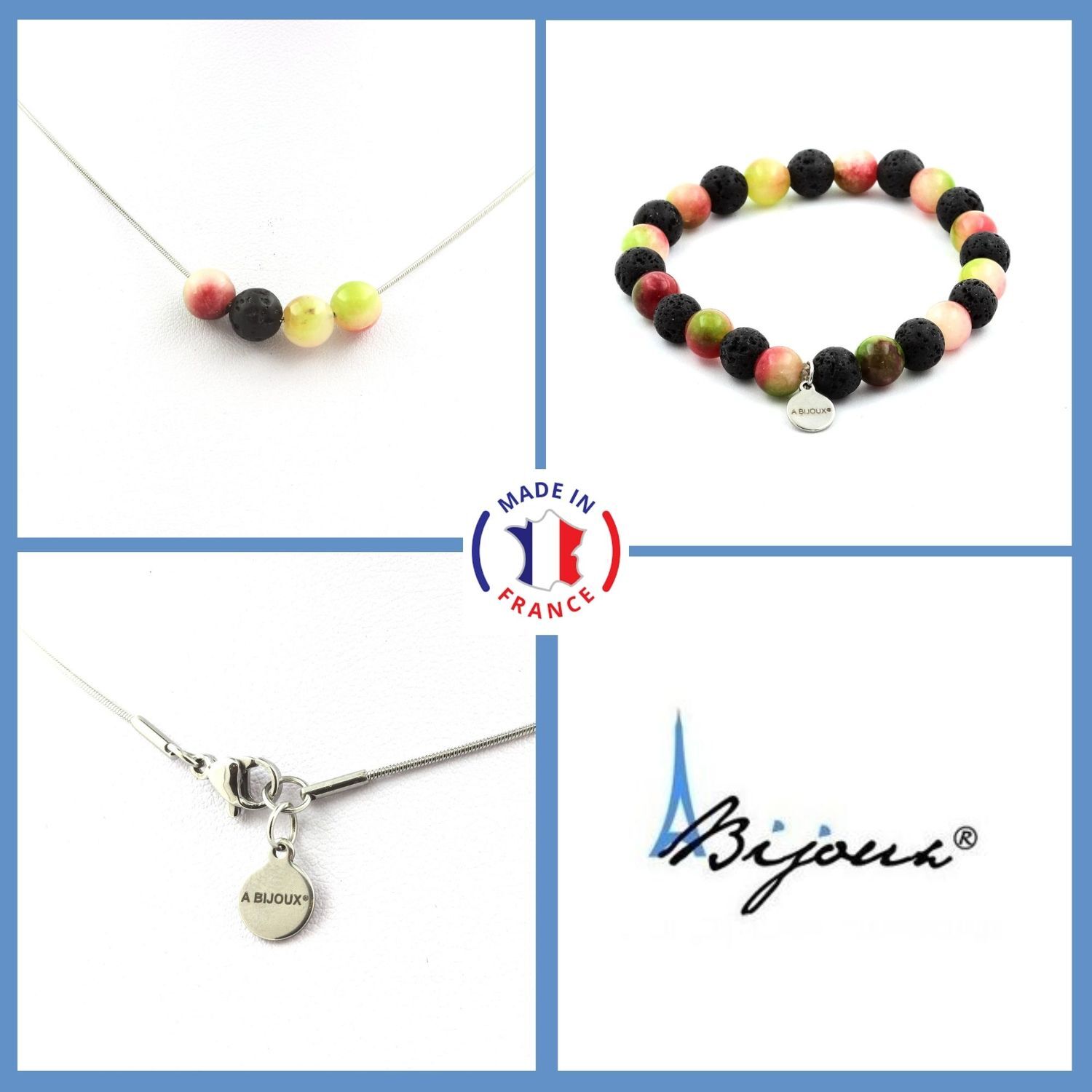 Parure bracelet et collier en tourmaline melon d'eau et pierre de lave 8mm
