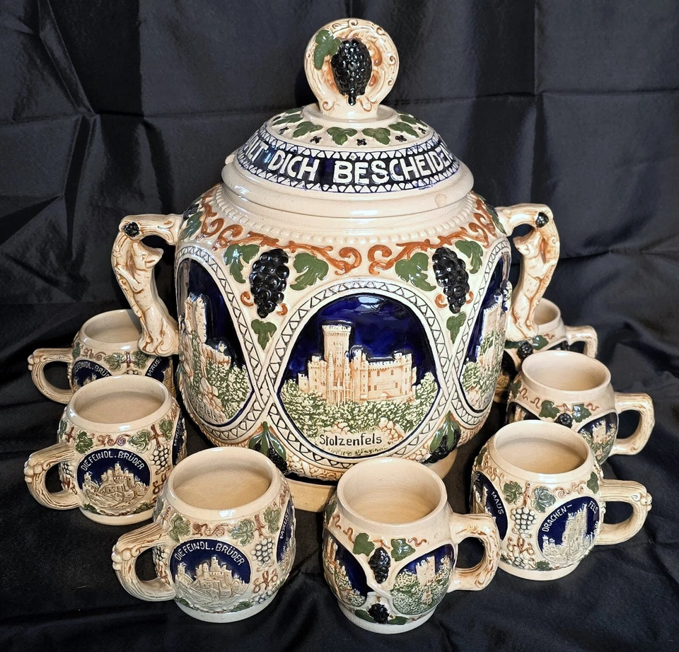 Vintage altes antikes Bowle Service Steinzeug 5 L Topf + 10 Tassen Burg-Motive - Bild 2 von 4
