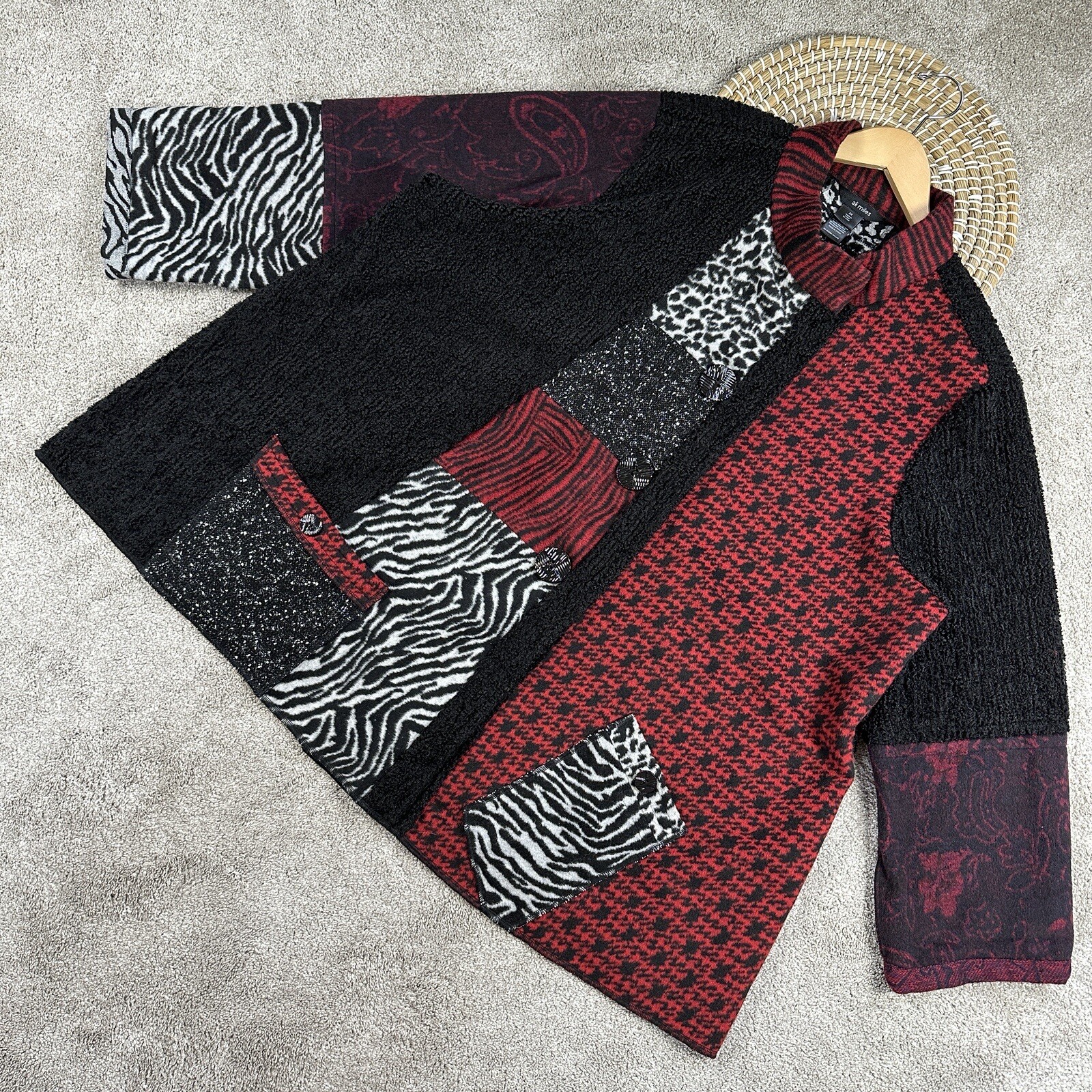 Ali Miles Multi Patchwork Print Funnel Neck 3/4 C… - image 3