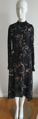 Marie Lund Kleid Lang schwarz floral Blumen 36 38 S midi Gürtel rollragen volant