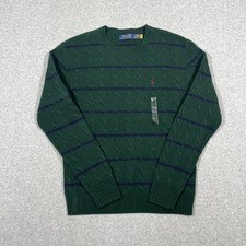 NWT Polo Ralph Lauren Men  s Sz S Green Cable Knit Wool Sweater Stripe Logo