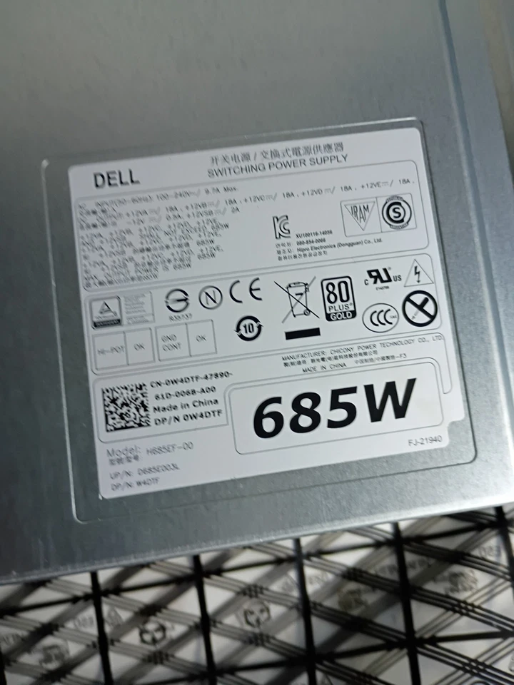 Dell H685EF-00 685W 80+ Gold Power Supply 0W4DTF for Precision T5810 T7810 - Image 4 of 4