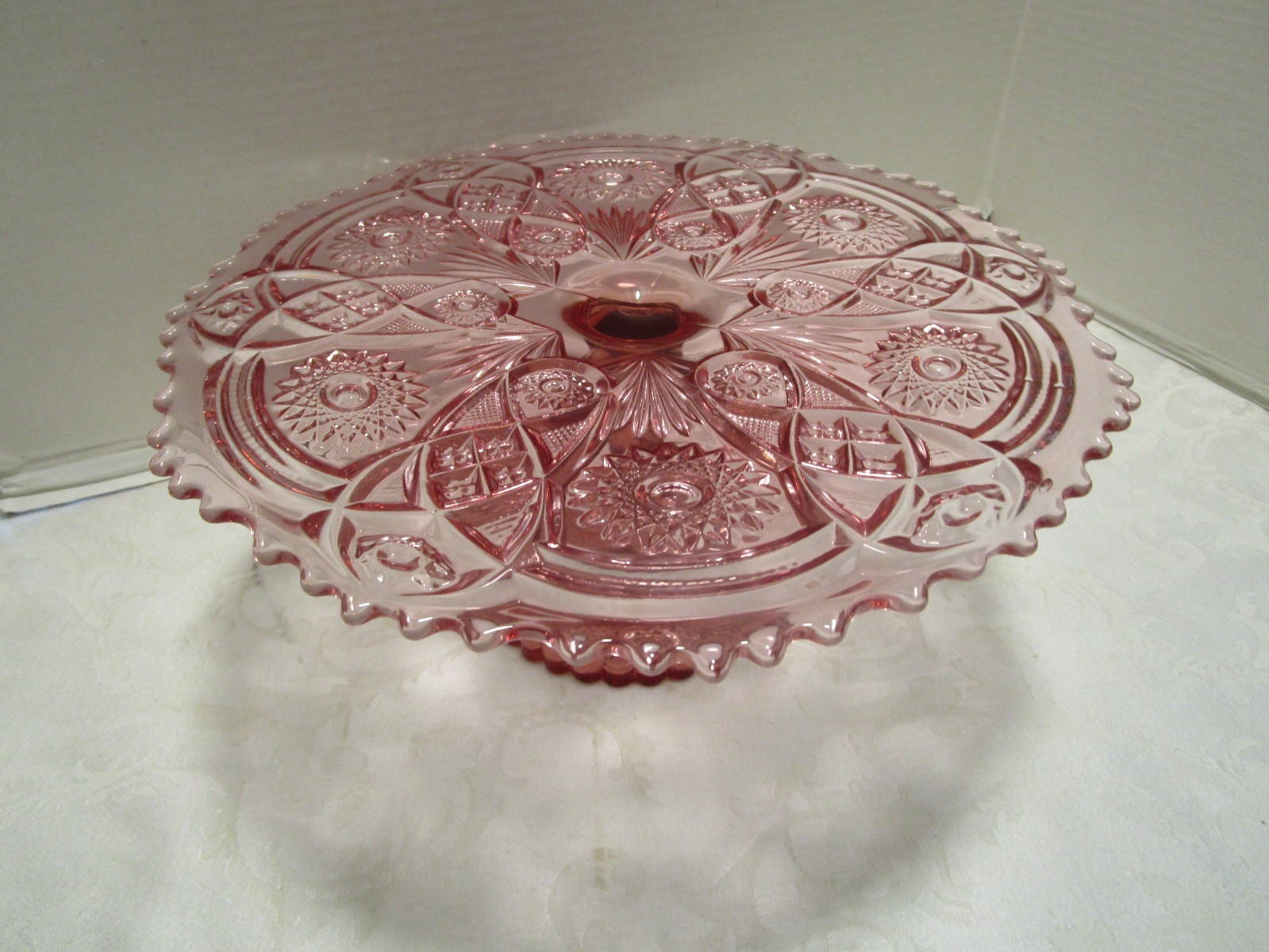 Vintage Imperial Pink Glass Pedestal Cake Stand Fashion Pattern 13" wide  1970's