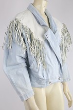 Vintage Western Denim Leather Fringe Jacket Cowgirl Rodeo Style Women  s Size S