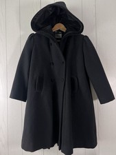 Vintage Girls 100 wool Rothschild Pea Coat 6X Black Hooded Pleated Lined