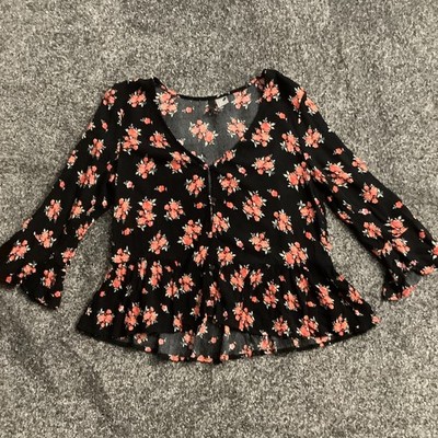 H&M Divided Damen Blumen Viskose Top Schwarz Rot Gr UK 8 Freizeit Bluse UK8