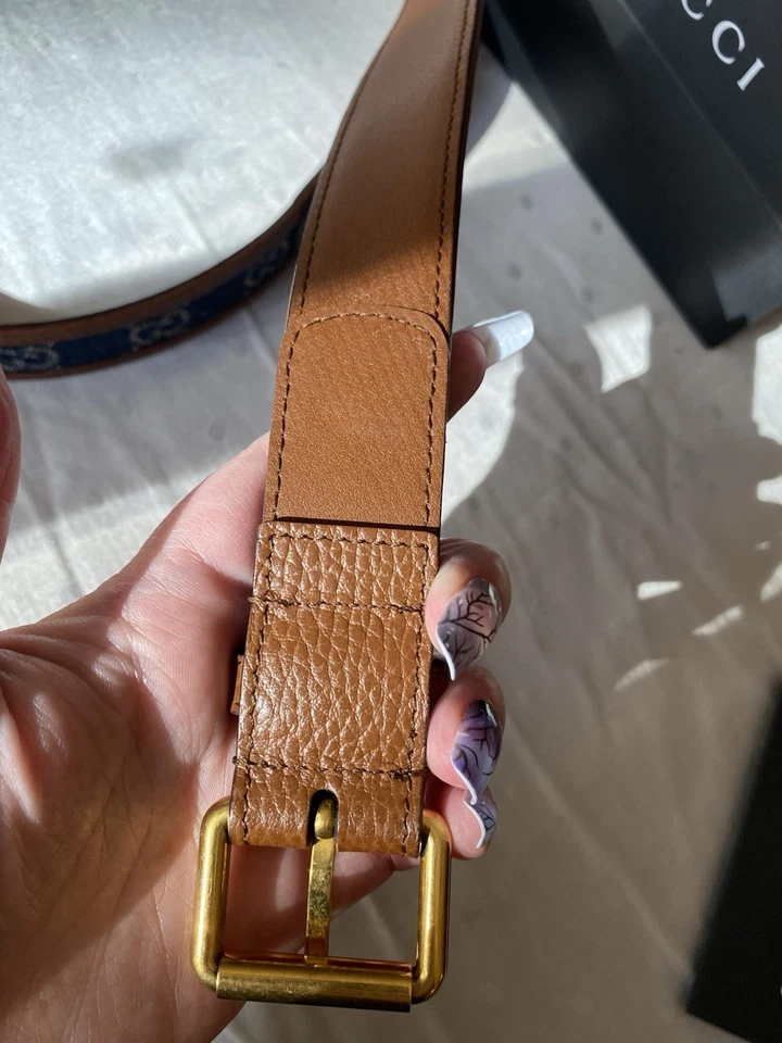 GUCCI腰带牛皮棕色特色logo编织牛仔边正品   — 第 3/4 张图片