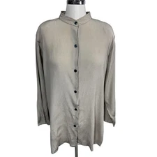 Finity Silk Button Down Blouse Minimalist Neutral Long Sleeve Top Women's Large