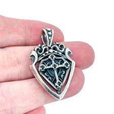 Vintage Sterling Silver 925 Rotating Sword and Shield Black CZ Cross Pendant
