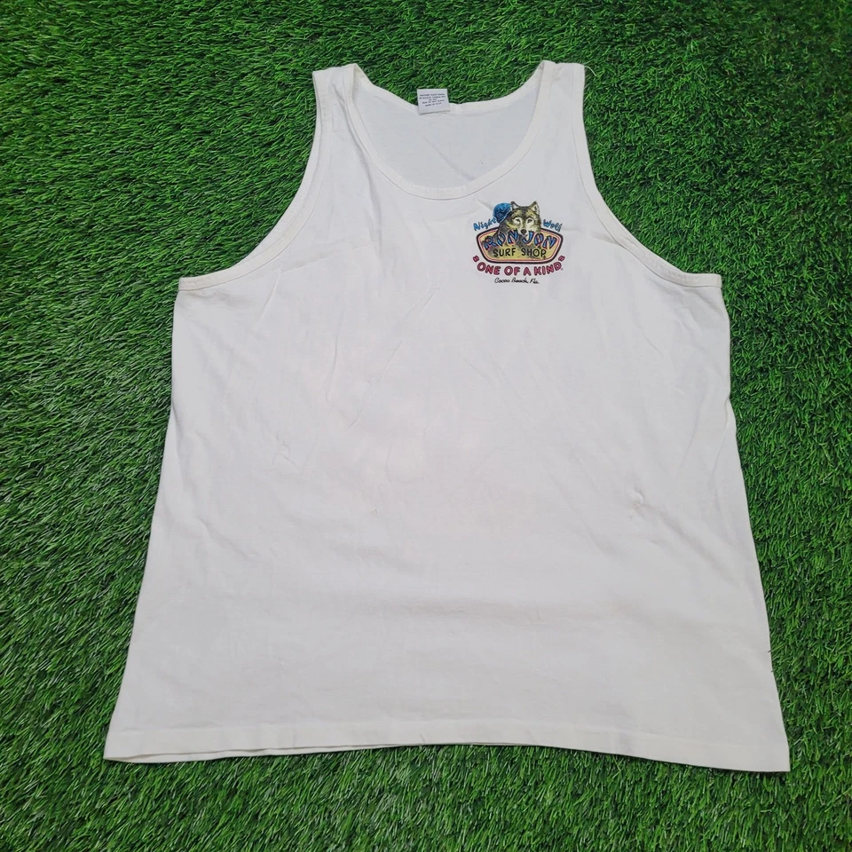Camiseta sin mangas de colección años 90 Ron Jon "Night Wolf" para hombre L ropa de surf cacao playa Foto 4 de 4