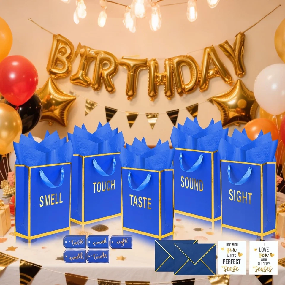 Juego de 5 bolsas de regalo azules de 5 sentidos con etiquetas de papel de aluminio dorado sobres tarjetas Foto 2 de 4