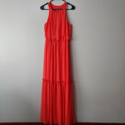  Lace Tiered Maxi Dress Womens Size 4  Coral