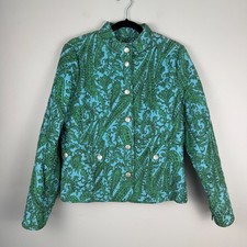 Charter Club Quilted Jacket Women's Medium Teal Green Paisley Print Snap Front