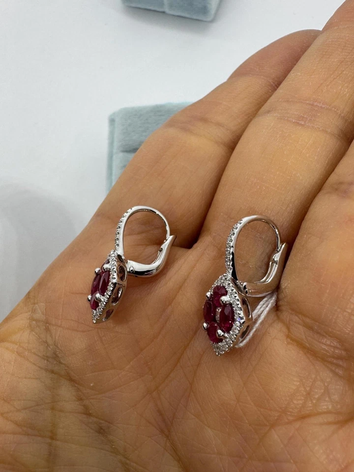 Women's Drop Hoop Earrings 2CT Oval Cut Simulated Ruby 14K  White Gold Plated - Image 4 of 4
