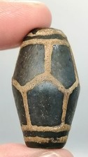 Antique Black Glass Bead Tan Geometric Net Pattern Barrel Trade Collectible
