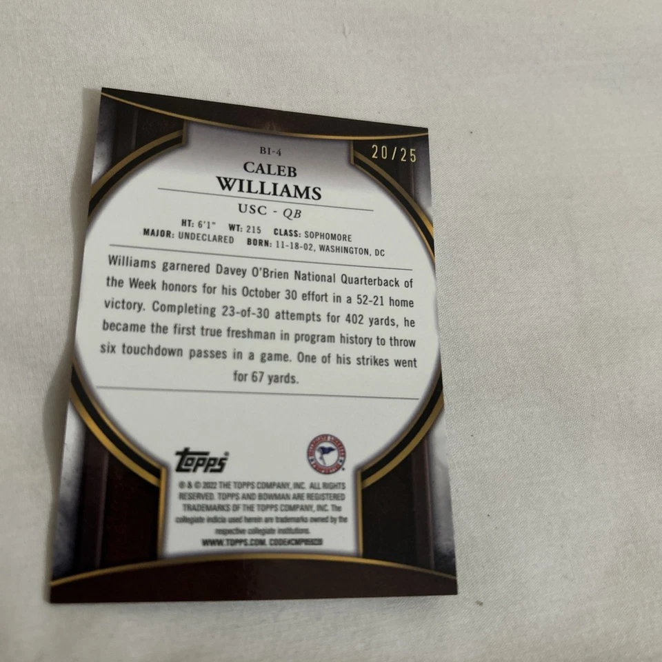 Caleb Williams 2022 Bowman University Chrome Invicta Orange Auto /25 USC Rookie - Image 2 of 2