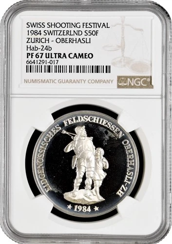 Switzerland 50 francs 1984, NGC PF67 UC, "Oberhasli Shooting Festival"