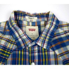 Vintage Levi's Western Shirt Size M 80s 90s Blue Plaid Pearl Snap SS Grunge