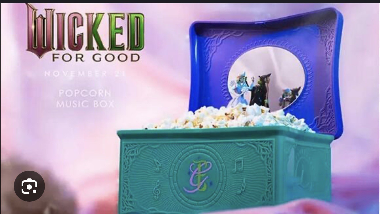 Caja musical de palomitas de maíz Regal Wicked For Good película cubo nuevo en mano
