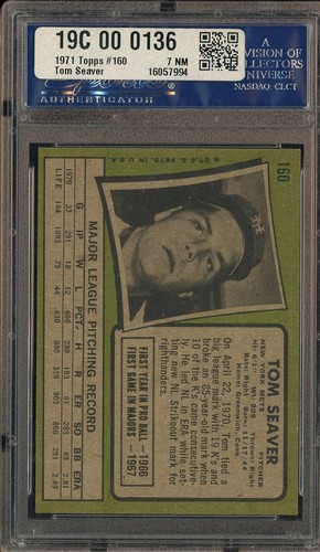 1971 Topps #160 Tom Seaver New York Mets HOF PSA 7 NM - Picture 2 of 2