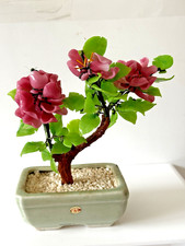 Vintage Chinese Jade Glass Bonsai Tree Pink Cherry Blossom Celadon Porcelain Pot