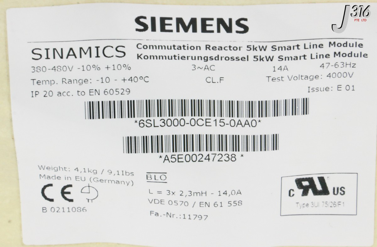 31371 SIEMENS LINE REACTOR, SMART LINE MODULE, 5KW 6SL3000-0CE15