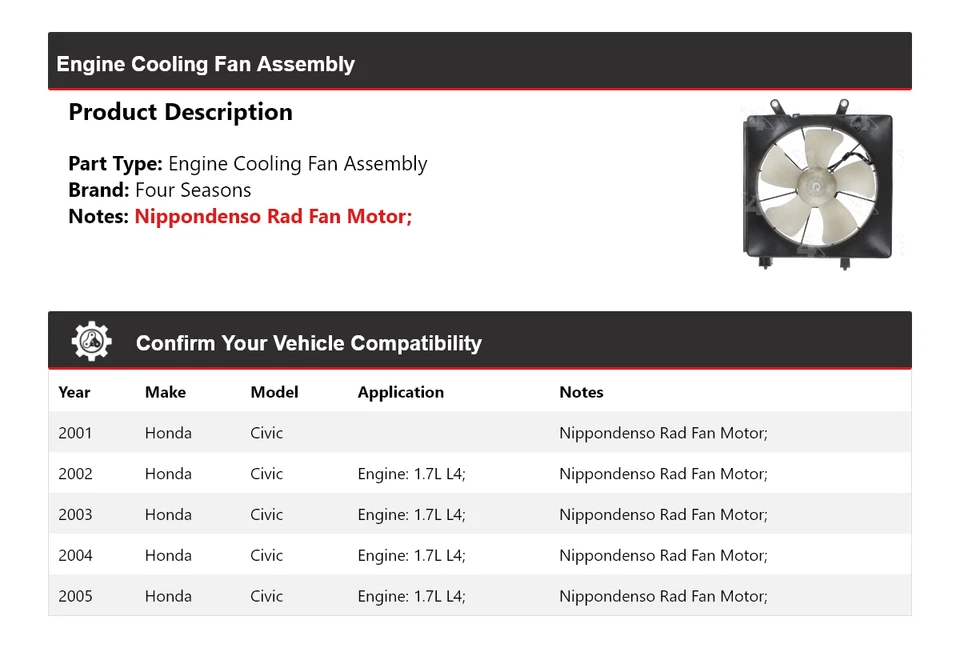For 2001-2005 Honda Civic Engine Cooling Fan Assembly 4 Seasons 2002 2003 2004 - Image 2 of 4