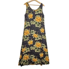 VTG Tommy Bahama Maxi Shift Resort Beach Dress Sz S Black Hawaiian Floral Rayon