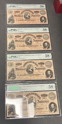 4 Consecutive 1864 T-65 $100 PMG Choice AU-58 EPQ Confederate Currency Notes Set - 第 1/5 張圖片