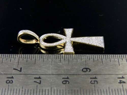 Men's 10K Yellow Gold Genuine Diamond Egyptian Ankh Cross Pendant 1/5 Ct 1.4" - Picture 3 of 8