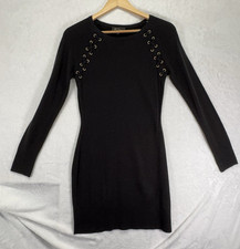 BCX Black Knit Sweater Bodycon Dress Lace-Up Eyelet Round Neck Long Sleeve S