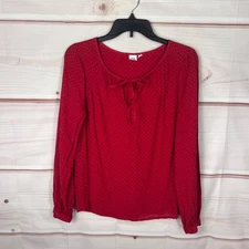 Gap Top Womens S Red Blue Star Print Blouse Tie Neck Long Sleeve Pullover Woven