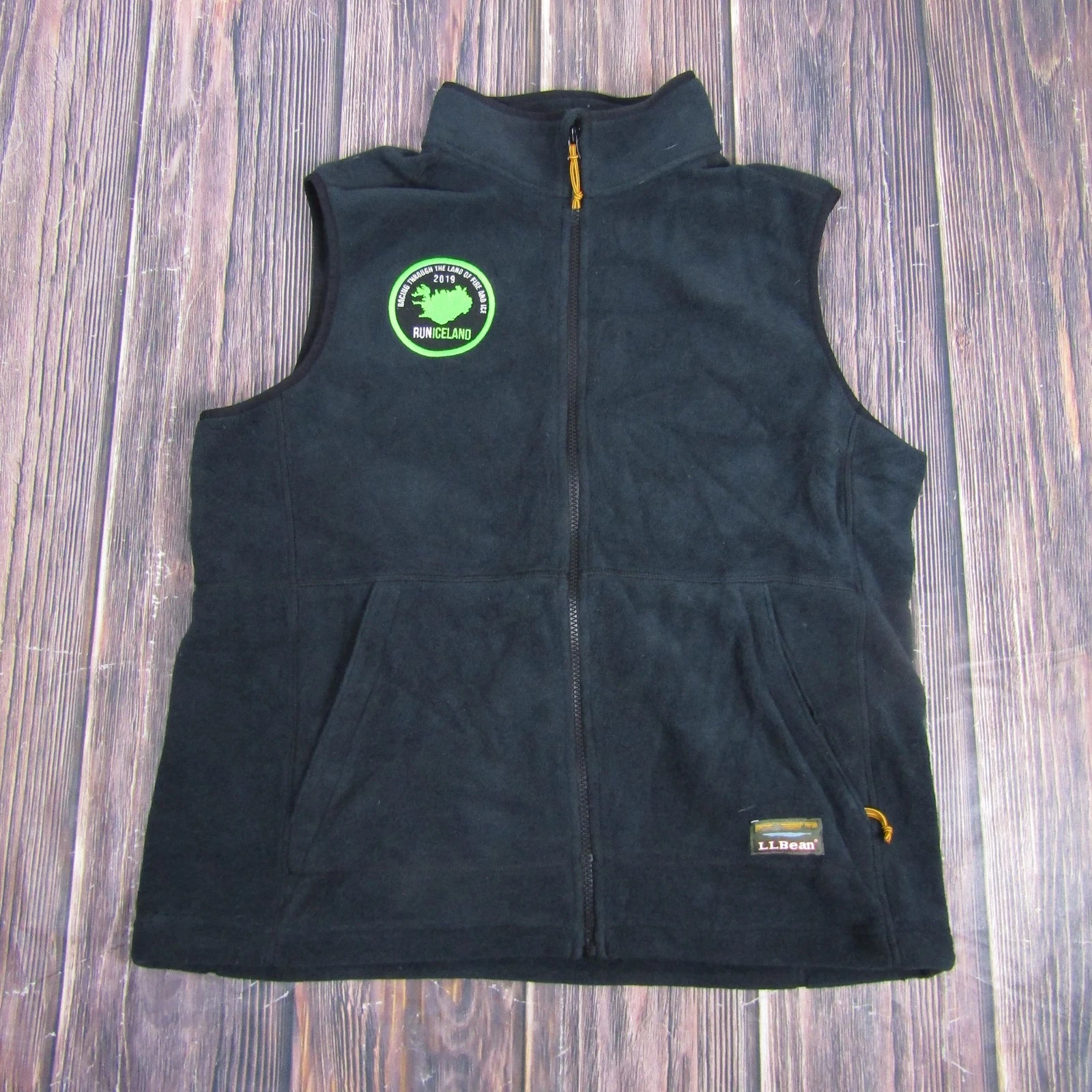 L.L.Bean Fleece Vest Mens Large Black Zip Run Iceland 2019 Embroidered Patch