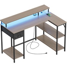 L Shaped Gaming Desk with LED Lights  Power Outlets, Reversible Computer Des...
