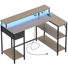 L Shaped Gaming Desk with LED Lights & Power Outlets, Reversible Computer Des...