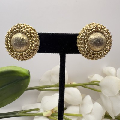 Vintage Monet Clip on Earrings Gold Tone Oval Dome Chain Design Chunky Textured