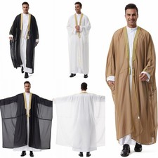 Fashion Applique Men Open Cardigan Chiffon New Muslim Tassels Ramadan Robe Dress