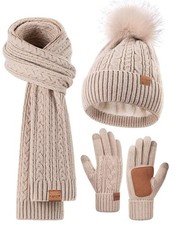 Winter Beanie Hat Scarf Gloves Set for Women, Pom One Size, Oatmeal