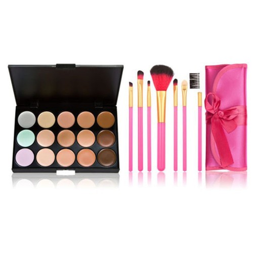 Correttore Trucco Crema Viso 15 Colori con Pennelli Rosa 7pz Palette Trucco - Foto 2 di 7