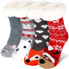 4 Pairs Christmas Women's Fuzzy Fleece Winter Slipper Socks Thick Warm Xmas