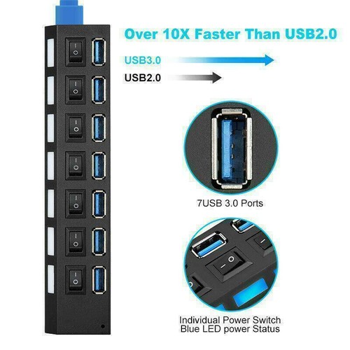 USB 3.0 HUB 7 Port Hub Splitter Schalter EU Netzteil für PC Mac Notebook - Bild 4 von 8