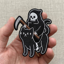 Embroidered Grim Reaper Cat Patch Cute Gothic Black Cat Iron On