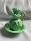 Vintage Avon Field Flowers Foaming Bath Oil Green Milk Glass Pitcher Decanter