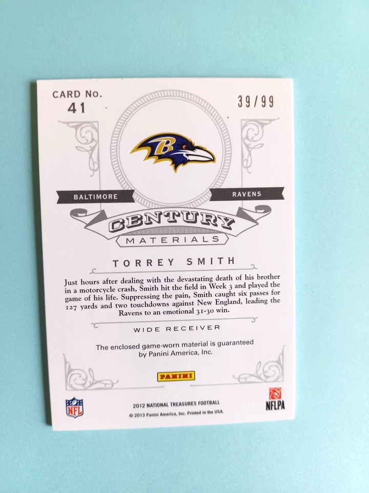 2012 NATIONAL TREASURES TORREY SMITH #41 CENTURY MATERIALS #39/99 RAVENS - Image 3 of 3