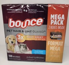 BOUNCE Pet Hair & Lint Guard MEGA Dryer Sheets - 3X Pet Hair Fighter ~ 130 Count
