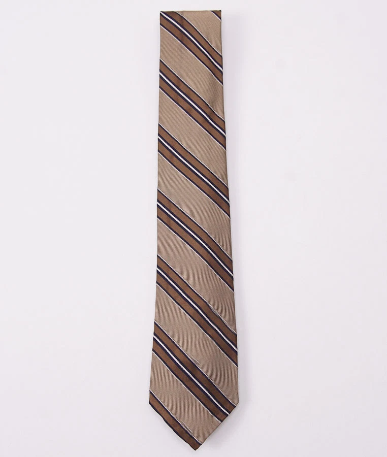 Sartoria Partenopea Unlined  7-Fold Gold-Brown Woven Ribbon Stripe Silk Tie - Image 2 of 4