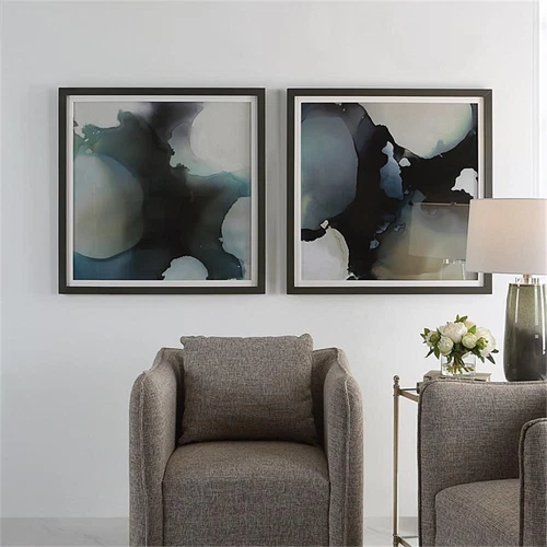 Uttermost Telescopic Abstract Framed Prints in Black/Blue/Brown/White (Set of 2) - Picture 1 of 8